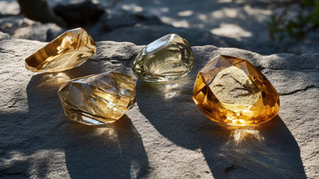 Four unique gemstones resting on a rocky surface, illuminated by sunlight. The natural colors and shapes create a tranquil and beautiful outdoor scene.の素材