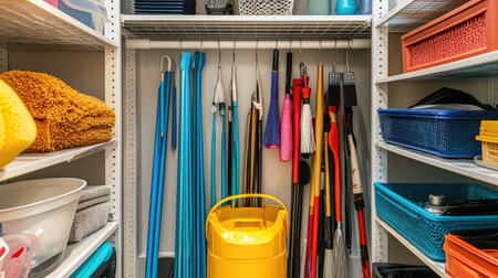 This image showcases a well-organized storage space filled with essential cleaning tools and supplies, demonstrating effective space management for home maintenance.の素材