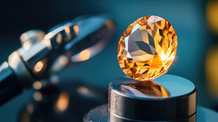 A stunning orange gemstone captures light beautifully on a reflective surface. Behind it, a gemological loupe highlights the intricate details of its cut and craftsmanship.の素材