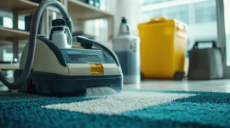 A modern vacuum cleaner stands prominently on a colorful rug, showcasing its sleek design in a bright indoor environment with cleaning supplies nearby.の素材