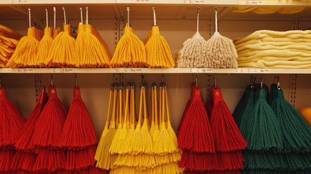 A vibrant assortment of cleaning tools arranged neatly on a shelf in a store, featuring colorful tassels in warm and cool tones, perfect for home organization.の素材