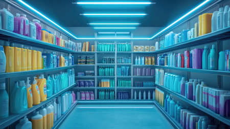 Explore a stunning modern storage area showcasing an array of colorful personal care products under striking neon lights, perfect for retail or interior design inspiration.の素材