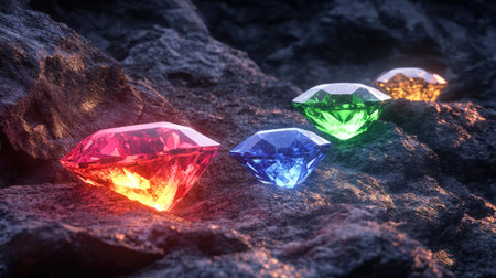 A captivating display of colorful gemstones resting on a textured rock surface, showcasing their vibrant hues, reflections, and the enchanting beauty of natureの素材