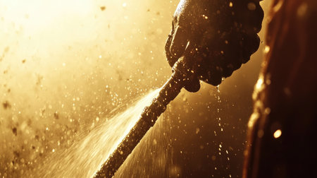 A gripping scene of a person holding a high-pressure water hose, captured with dramatic backlighting showcasing splashes and droplets during an outdoor cleaning task.の素材