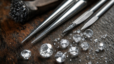 This close-up image showcases precision tools alongside sparkling diamonds on a rustic wooden surface, perfect for illustrating jewelry crafting and gemstone analysis.の素材