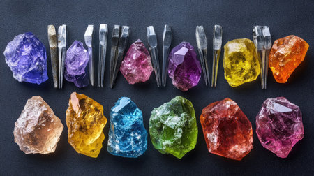 A vibrant array of colorful crystal gems arranged neatly alongside mineral samples and tweezers, perfect for educational uses or decorative displays on a black background.の素材