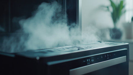 A sleek appliance releases steam in a sunlit kitchen, creating a refreshing ambiance. The soft focus highlights a touch of greenery, enhancing the serene environment.の素材