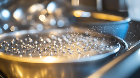 Captivating close-up of droplets on a shiny metal surface, showcasing the beauty of culinary preparation. This image captures details of moisture in a modern kitchen.の素材