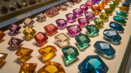 A stunning array of colorful synthetic gems arranged in a vibrant display. Each piece showcases craftsmanship and brilliance, perfect for jewelry lovers and designers.の素材