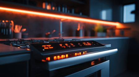 A modern kitchen scene showcasing a sleek gas stove with a vibrant illuminated control panel, surrounded by stylish decor and a warm, inviting atmosphere.の素材