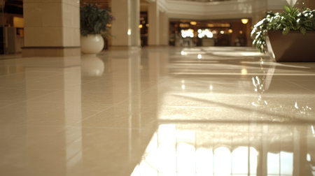A polished floor reflects light beautifully in a modern lobby, adorned with decorative plants that enhance the space's elegant ambiance and inviting atmosphere.の素材