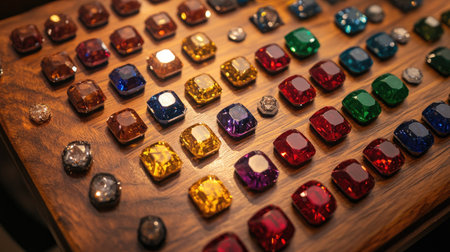 A mesmerizing array of colorful gemstones on a wooden surface, showcasing intricate cuts and vibrant hues, perfect for jewelry inspiration and design projects.の素材