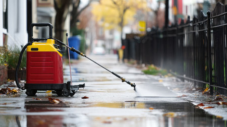 A bright yellow and red pressure washer rests on a rain-soaked sidewalk, surrounded by colorful autumn leaves. The scene captures the essence of neighborhood maintenance on a chilly day.の素材