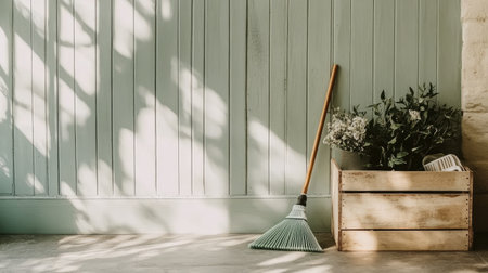 A serene indoor scene featuring a broom resting against a soft green wall, with a vintage wooden box adorned with fresh flowers, illuminated by gentle sunlight.の素材