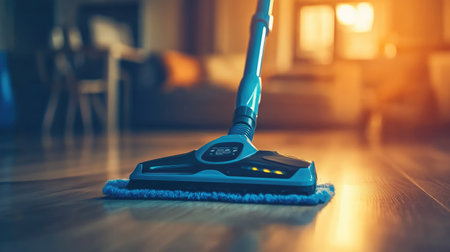 A sleek vacuum cleaner on a wooden floor captures the essence of modern cleaning technology. The warm lighting and cozy setting create a perfect home atmosphere.の素材