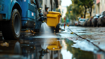 A dynamic urban cleaning scene shows water spraying over a wet street, highlighting reflections and the vibrant atmosphere of city maintenance work.の素材