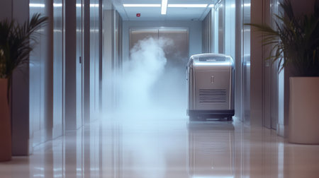 A sleek hallway features a silver air purifier releasing mist, enhancing indoor air quality and creating a refreshing atmosphere in a modern building setting.の素材