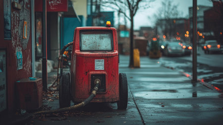 A vintage red gas pump stands on a wet city street, reflecting the gritty charm of urban life. The rainy atmosphere adds depth to this nostalgic scene, enhancing its visual appeal.の素材