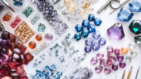 A stunning array of colorful gems and crystals thoughtfully arranged on a white background, showcasing their brilliance and variety for craft and design inspiration.の素材