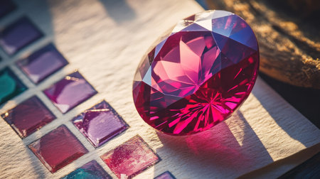 A stunning pink gemstone showcases its brilliance on a wooden surface, accompanied by colorful swatches. Perfect for design inspiration and artistic projects.の素材