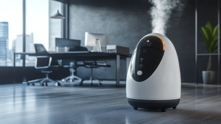 A modern humidifier in a professional office setting, producing steam to enhance air quality and comfort. The stylish device complements contemporary workspace design.の素材