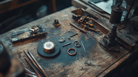 A beautifully arranged artisan workshop scene showcasing various tools and jewelry pieces on a wooden table, reflecting a dedication to craftsmanship and artistic detail.の素材