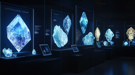 A captivating museum exhibit showcasing stunning crystals and minerals, enhanced by modern lighting and informative displays that highlight their geological beauty.の素材