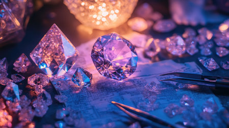 A stunning display of various crystals and gems illuminates a vintage ledger, creating an enchanting ambiance. The soft purple and blue lighting enhances the luxurious charm.の素材