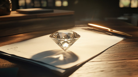 A stunning clear diamond sits gracefully on a white sheet of paper on a wooden table, illuminated by soft lighting, evoking elegance and inspiration in a stylish workspace.の素材