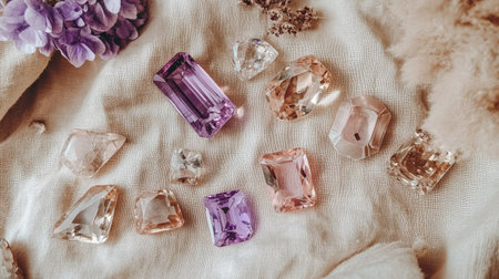 A beautiful arrangement of colorful gemstones and crystals resting on a soft fabric backdrop, complemented by delicate floral accents, ideal for showcasing elegance and luxury.の素材