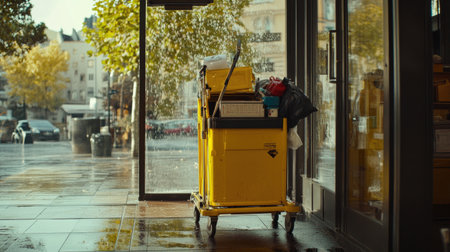 A bright yellow trash cart filled with various cleaning supplies sits near a storefront, showcasing an urban scene during a rainy day with reflective sidewalks.の素材