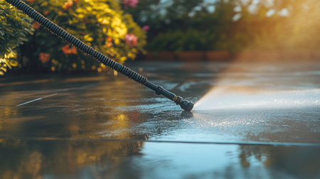 A close view of a pressure washer nozzle spraying water onto a wet driveway, surrounded by lush greenery and vibrant flowers bathed in gentle sunlight, creating a tranquil scene.の素材