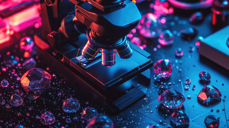 Explore a captivating laboratory scene featuring a microscope, decorative droplets, and vibrant lighting, creating an engaging atmosphere for scientific exploration and study.の素材