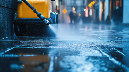 This image captures the process of urban street cleaning with water spray, highlighting reflections on the wet pavement amid a busy city atmosphere during the evening.の素材
