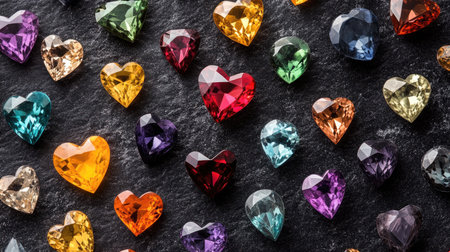 A vibrant assortment of heart-shaped gems glistens against a dark surface, showcasing a variety of colors and cuts. Perfect for creative projects and designs.の素材