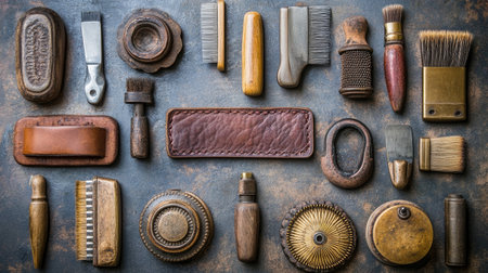 Explore a stunning flat lay of vintage craft tools and brushes, showcasing diverse shapes and materials. Perfect for creative projects and artistic inspiration.の素材