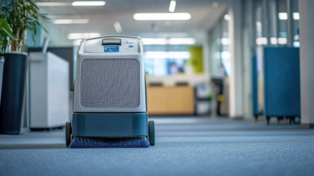 A state-of-the-art carpet cleaning machine prominently displayed in a modern office. This equipment highlights efficiency and effectiveness in maintaining a clean and healthy workspace.の素材