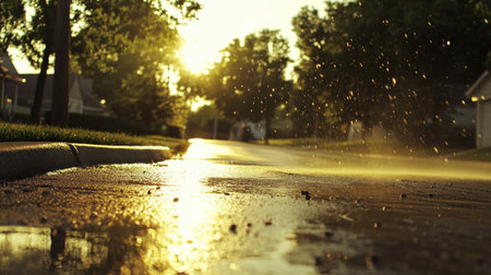 A serene sunset casts warm light on a damp street, as water droplets create a soft shimmer. This peaceful moment captures the beauty of a fresh evening in a neighborhood.の素材