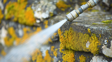 A captivating close-up view of a power washer nozzle in action, spraying water to remove moss and dirt from a weathered stone surface. Perfect for cleaning themes.の素材