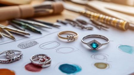 A beautifully arranged workspace featuring rings on sketch paper with colorful samples and design tools, showcasing the art of jewelry creation and inspiration.の素材
