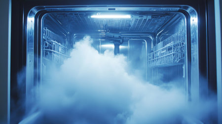 A stunning view of steam rising within a sleek, modern dishwasher, illuminated by bright internal lights, emphasizing cleanliness and efficiency in the kitchen environment.の素材