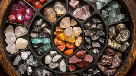 Explore a stunning selection of colorful natural crystals and stones artfully arranged in a circular tray, perfect for decoration, education, or collection.の素材