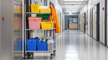 A cleaning cart full of colorful bins and mops stands against a bright hallway in a modern building, showcasing an organized and tidy cleaning environment.の素材