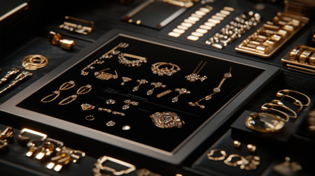 A stunning collection of assorted gold jewelry featuring an array of rings, earrings, bracelets, and necklaces set on a striking black background, ideal for fashion enthusiasts.の素材