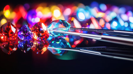 A striking close-up image featuring colorful gems and precious stones, captured with tweezers on a reflective surface, showcasing elegance and beauty in vibrant colors.の素材