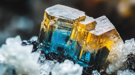 Captivating close-up of a vibrant blue and yellow crystal among a backdrop of white mineral clusters, showcasing intricate detail and stunning natural beauty.の素材
