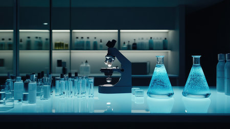 A well-lit modern laboratory scene showcasing a microscope alongside various glassware filled with blue liquid. Ideal for science research themes and chemistry studies.の素材