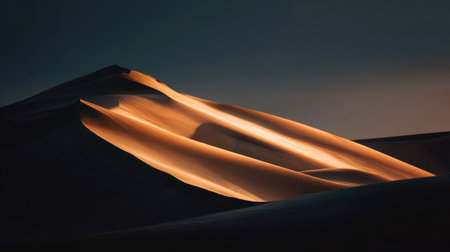A breathtaking view of sand dunes illuminated by golden light during sunset creates a serene atmosphere in the vast desert landscape, ideal for nature lovers.の素材