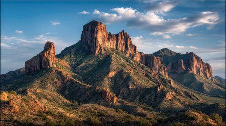 Explore a stunning mountain landscape featuring rocky peaks bathed in warm sunlight, framed by a vibrant sky and dramatic clouds, perfect for nature enthusiasts.の素材