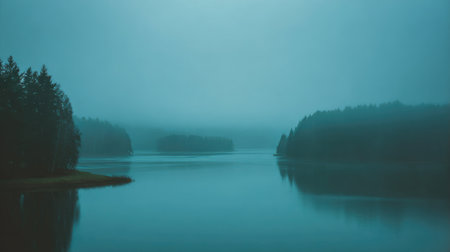 A breathtaking view of a misty lake embraced by lush forests, capturing a tranquil atmosphere. The soft blue hues evoke a sense of peace and reflection in nature.の素材